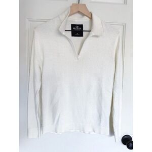 Hollister Womens XS Quarter Zip Basketweave Collar Pullover Sweater White Cream